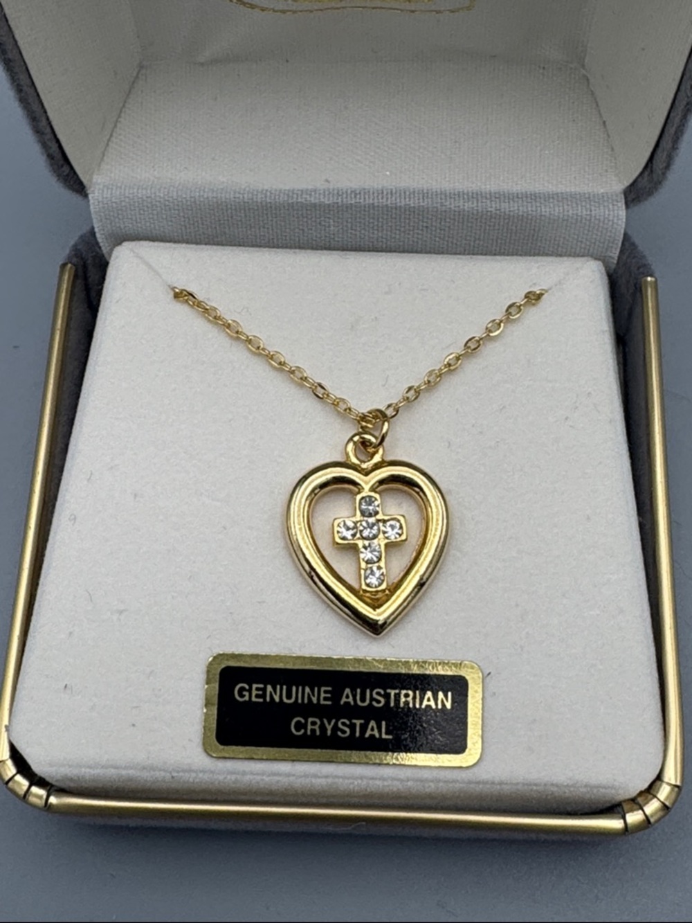 Gold Tone Heart Pendant Necklace with Cross and Austrian Crystals - Picture 2 of 4